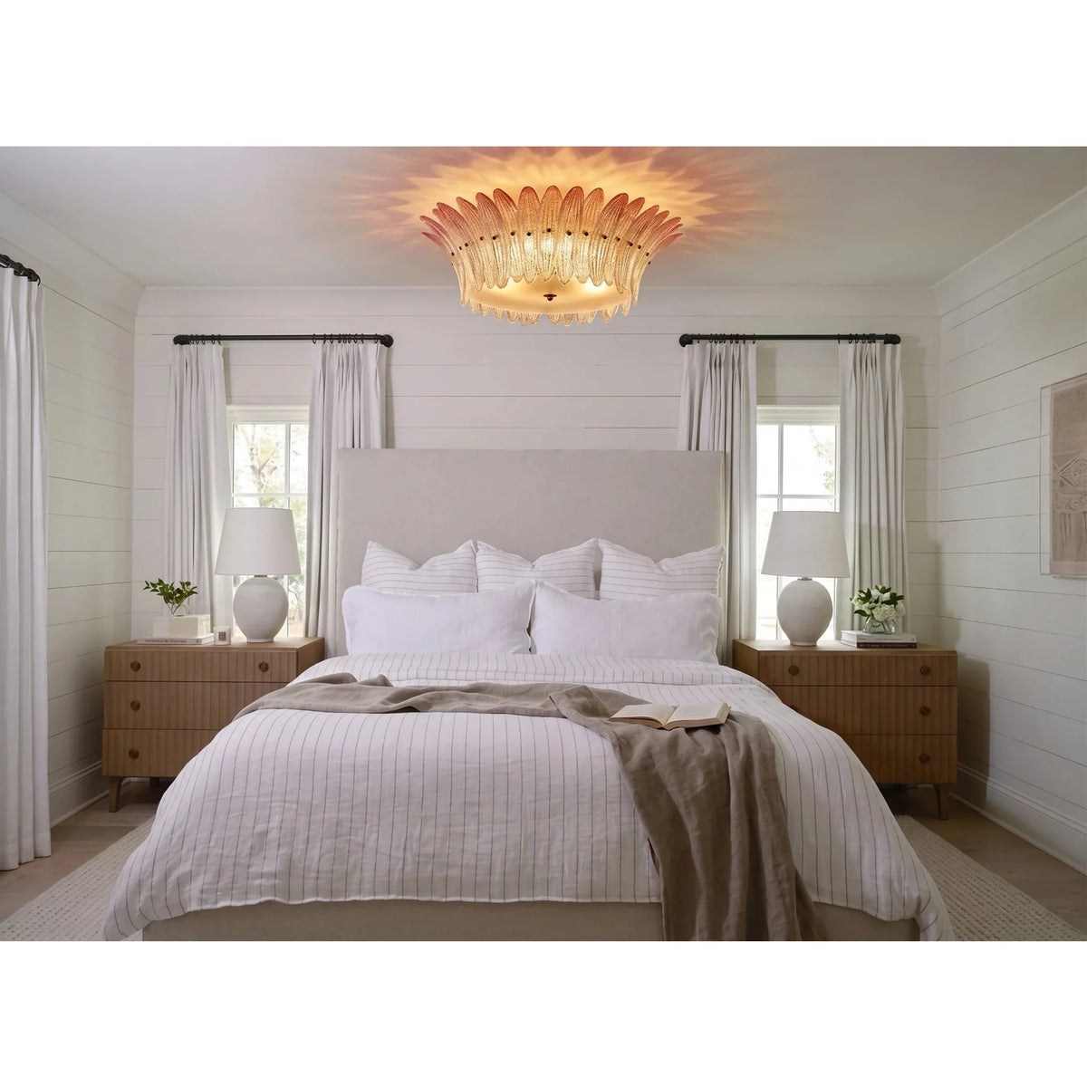 Sculptural Crown Flush Mount in blush pink glass for Low Ceilings by AUVIELIGHT