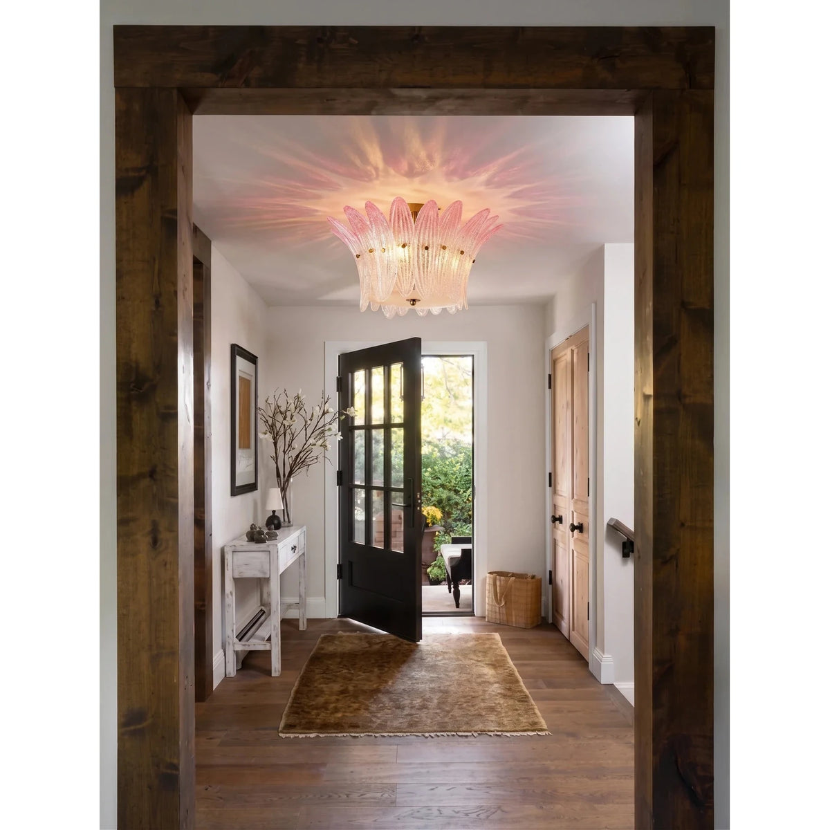 Sculptural Crown Flush Mount in blush pink glass for Low Ceilings by AUVIELIGHT