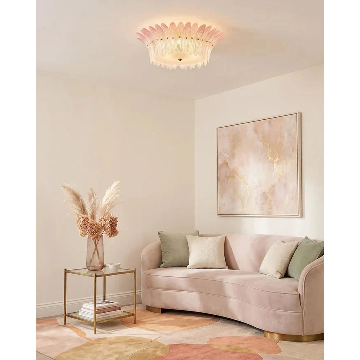 Sculptural Crown Flush Mount in blush pink glass for Low Ceilings by AUVIELIGHT
