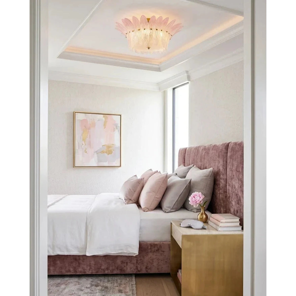 Sculptural Crown Flush Mount in blush pink glass for Low Ceilings by AUVIELIGHT