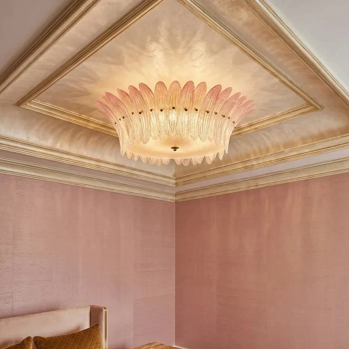 Sculptural Crown Flush Mount in blush pink glass for Low Ceilings by AUVIELIGHT
