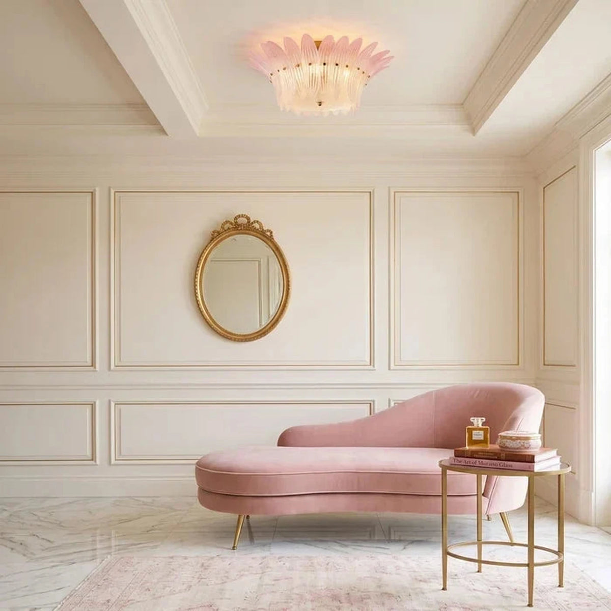 Sculptural Crown Flush Mount in blush pink glass for Low Ceilings by AUVIELIGHT