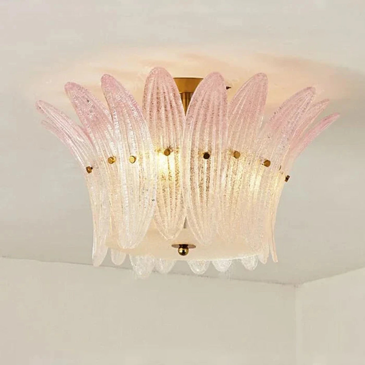 Sculptural Crown Flush Mount in blush pink glass for Low Ceilings by AUVIELIGHT, ∅ 19.7" x H 10.2" / Clear & Pink