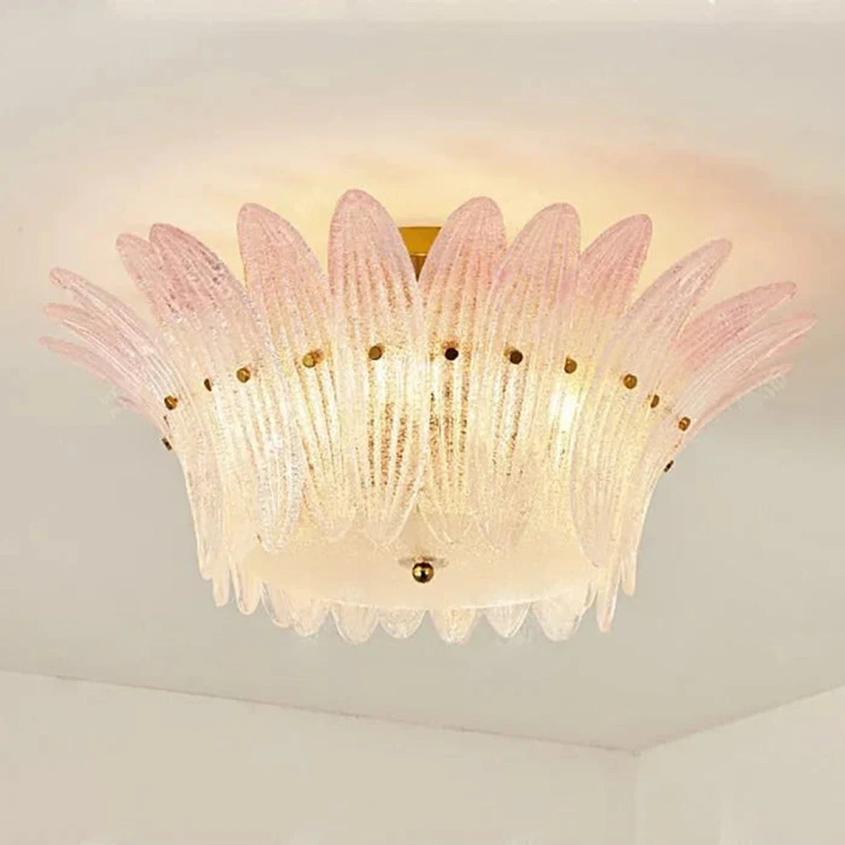 Sculptural Crown Flush Mount in blush pink glass for Low Ceilings by AUVIELIGHT, ∅ 23.6" x H 10.2" / Clear & Pink
