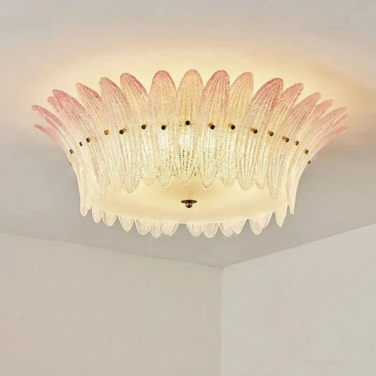 Sculptural Crown Flush Mount in blush pink glass for Low Ceilings by AUVIELIGHT, ∅ 31.5" x H 10.2" / Clear & Pink
