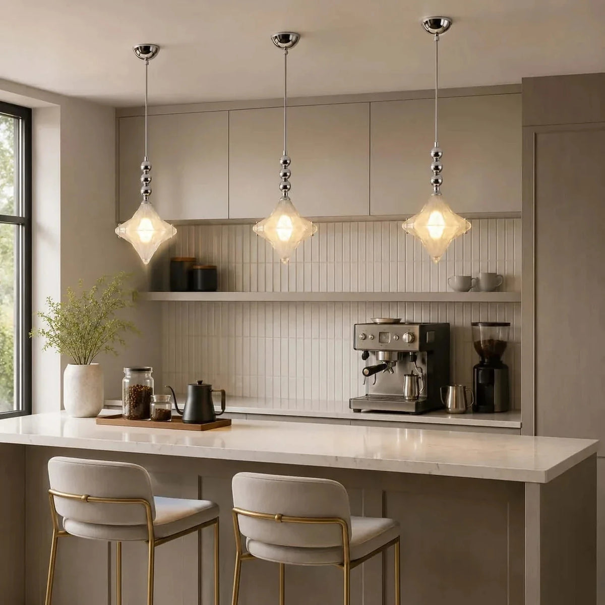 Sculptural Diamond Star Pendant Light in amber glass for Kitchen Island by AUVIELIGHT