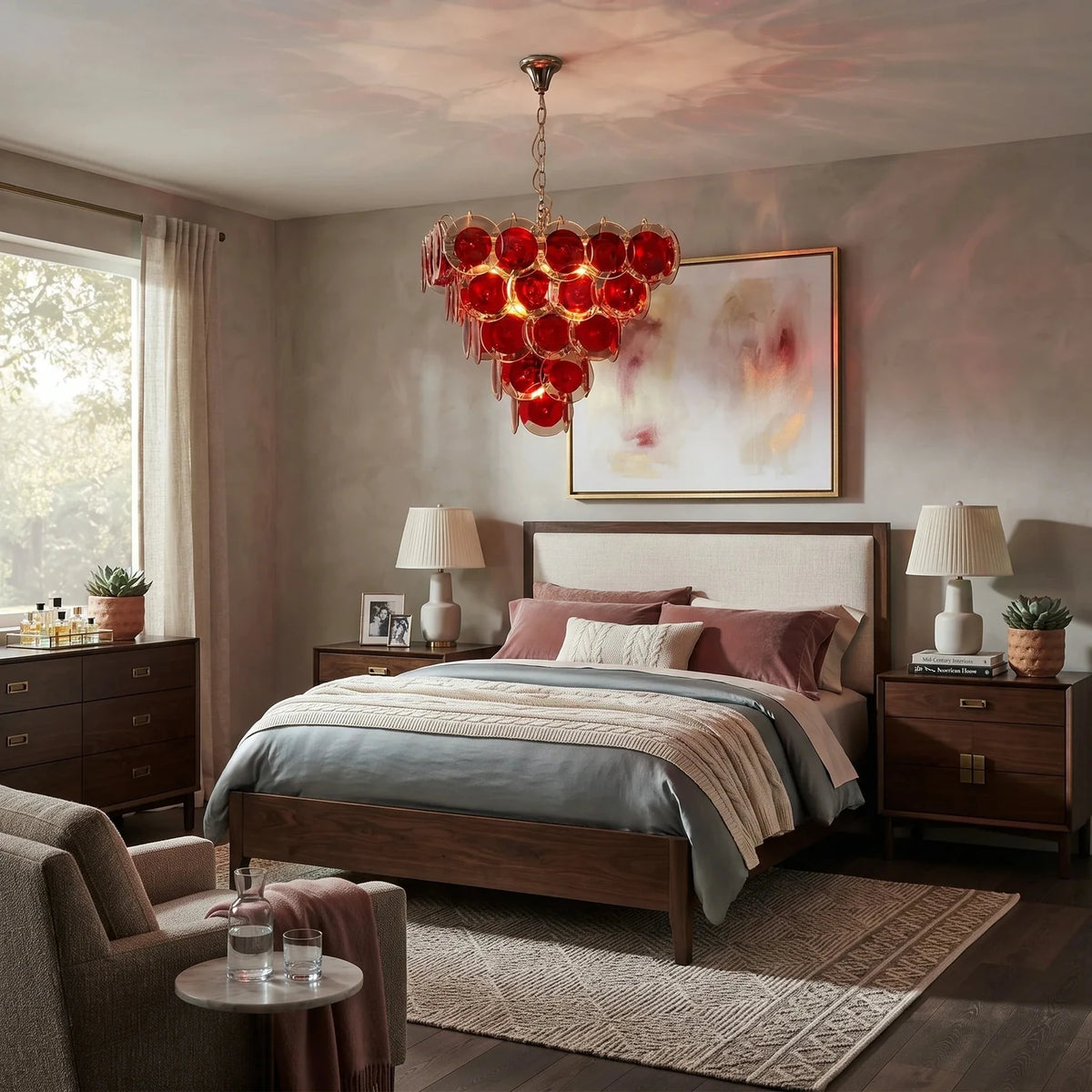 Sculptural Disc Chandelier in ruby red murano glass for Dining Room light fixture by AUVIELIGHT