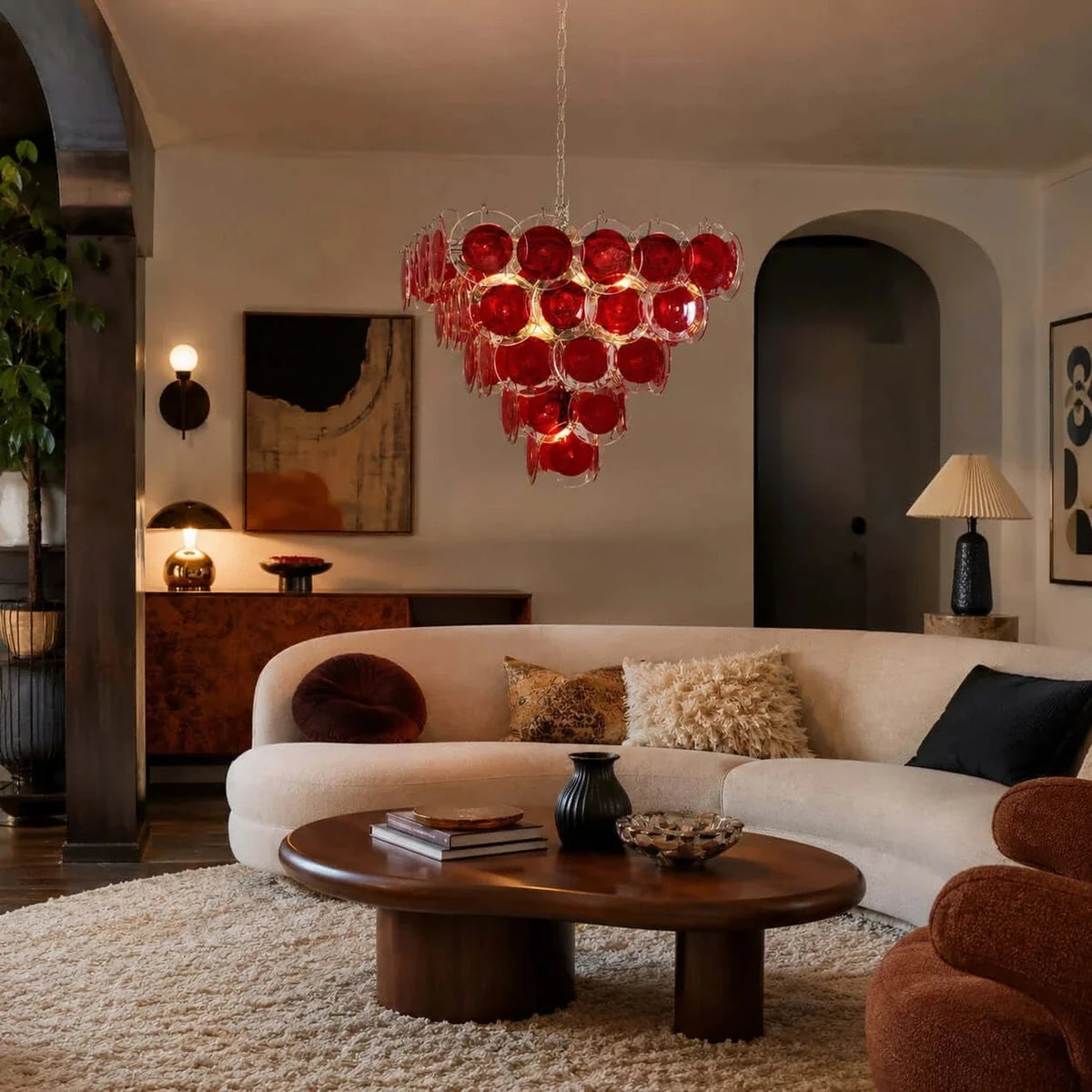 Sculptural Disc Chandelier in ruby red murano glass for Dining Room light fixture by AUVIELIGHT