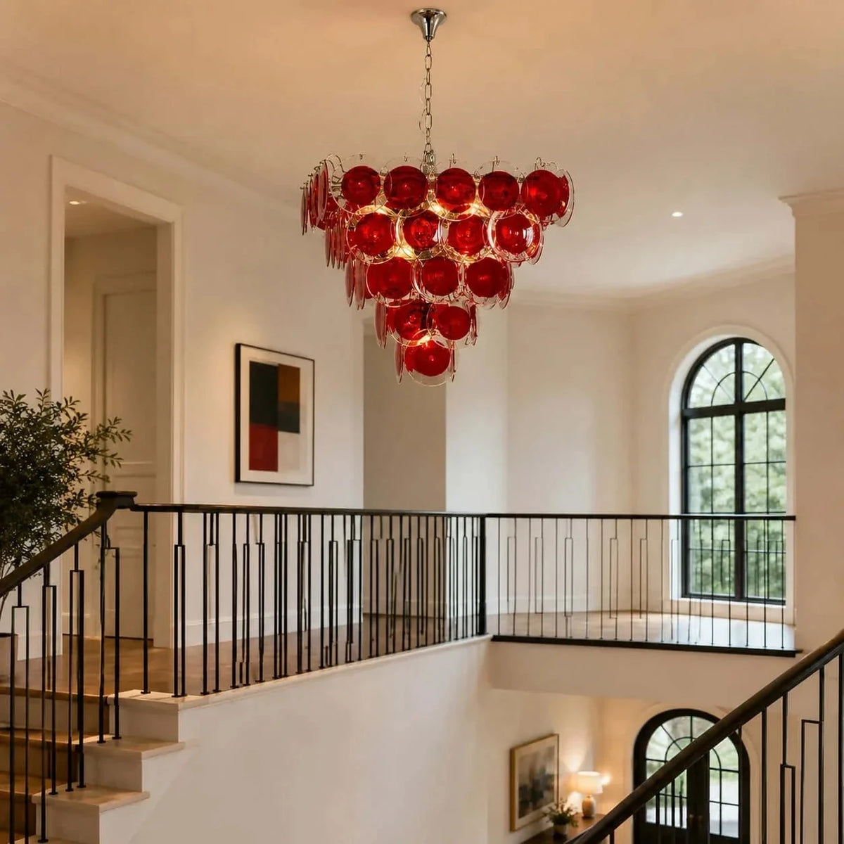 Sculptural Disc Chandelier in ruby red murano glass for Dining Room light fixture by AUVIELIGHT