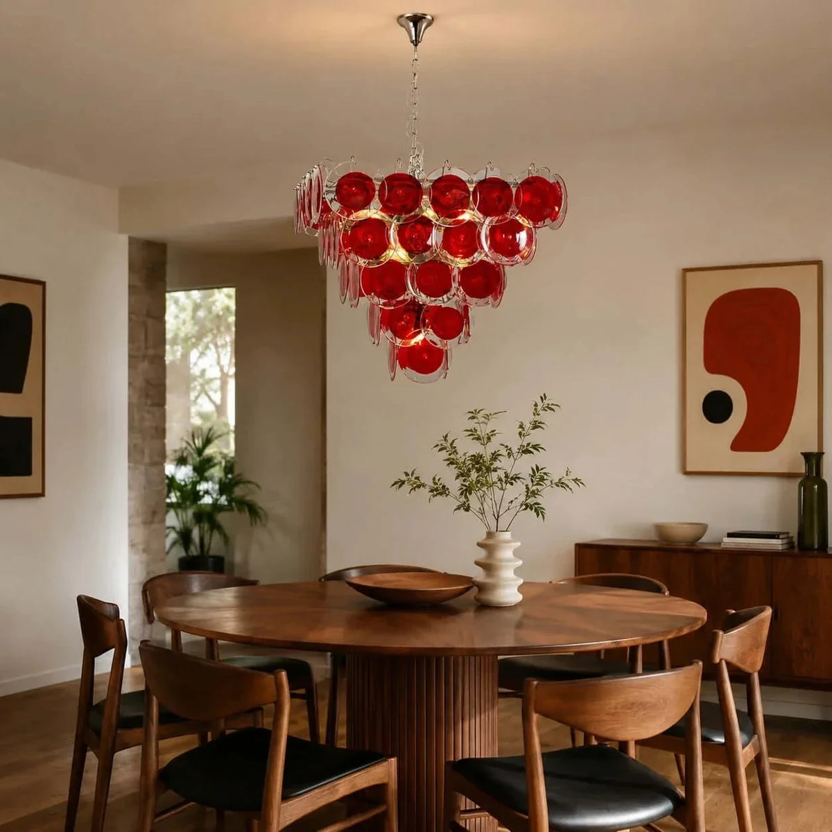 Sculptural Disc Chandelier in ruby red murano glass for Dining Room light fixture by AUVIELIGHT