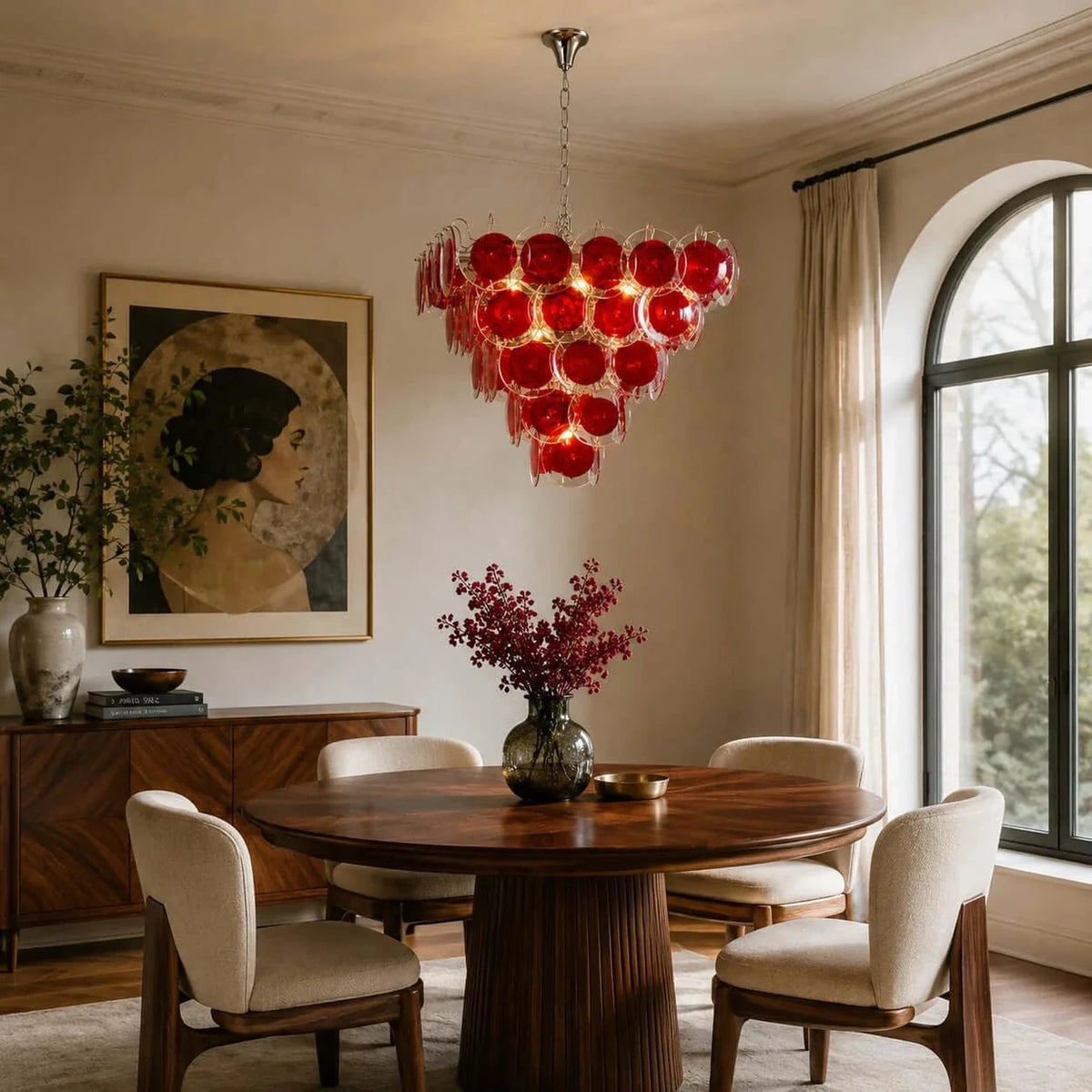 Sculptural Disc Chandelier in ruby red murano glass for Dining Room light fixture by AUVIELIGHT