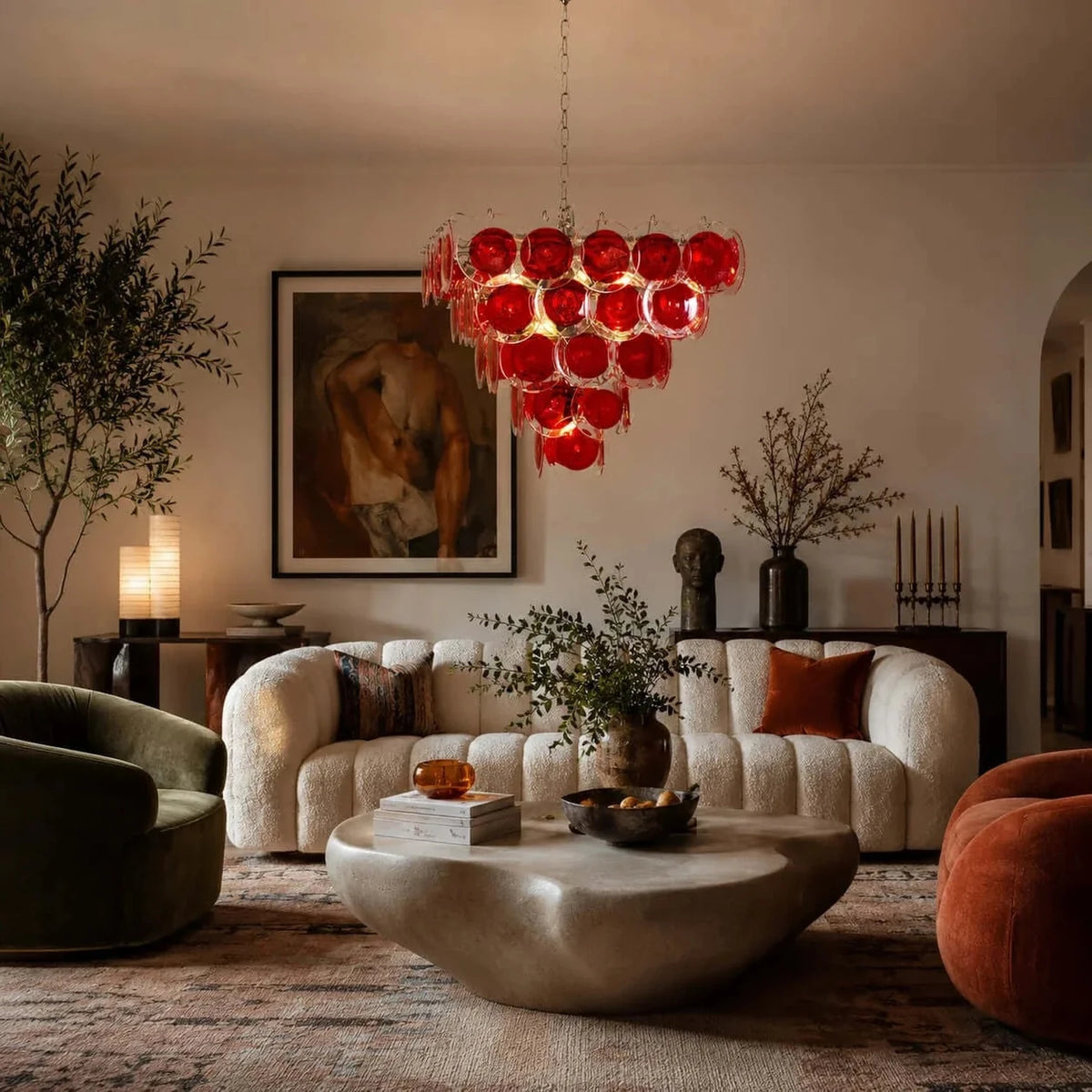 Sculptural Disc Chandelier in ruby red murano glass for Dining Room light fixture by AUVIELIGHT