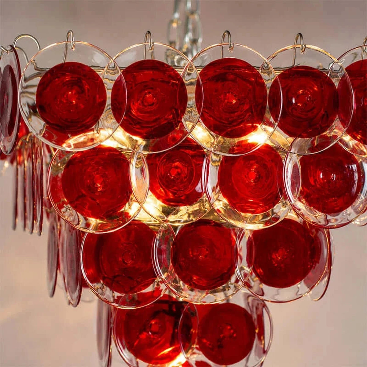 Sculptural Disc Chandelier in ruby red murano glass for Dining Room light fixture by AUVIELIGHT