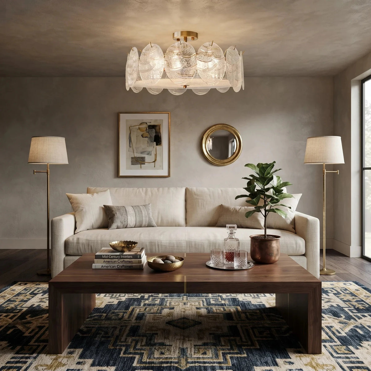 Sculptural Disc Drum Semi-Flush Mount in textured glass for Low Ceilings by AUVIELIGHT