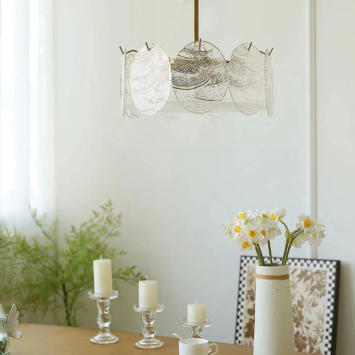 Sculptural Disc Drum Semi-Flush Mount in textured glass for Low Ceilings by AUVIELIGHT