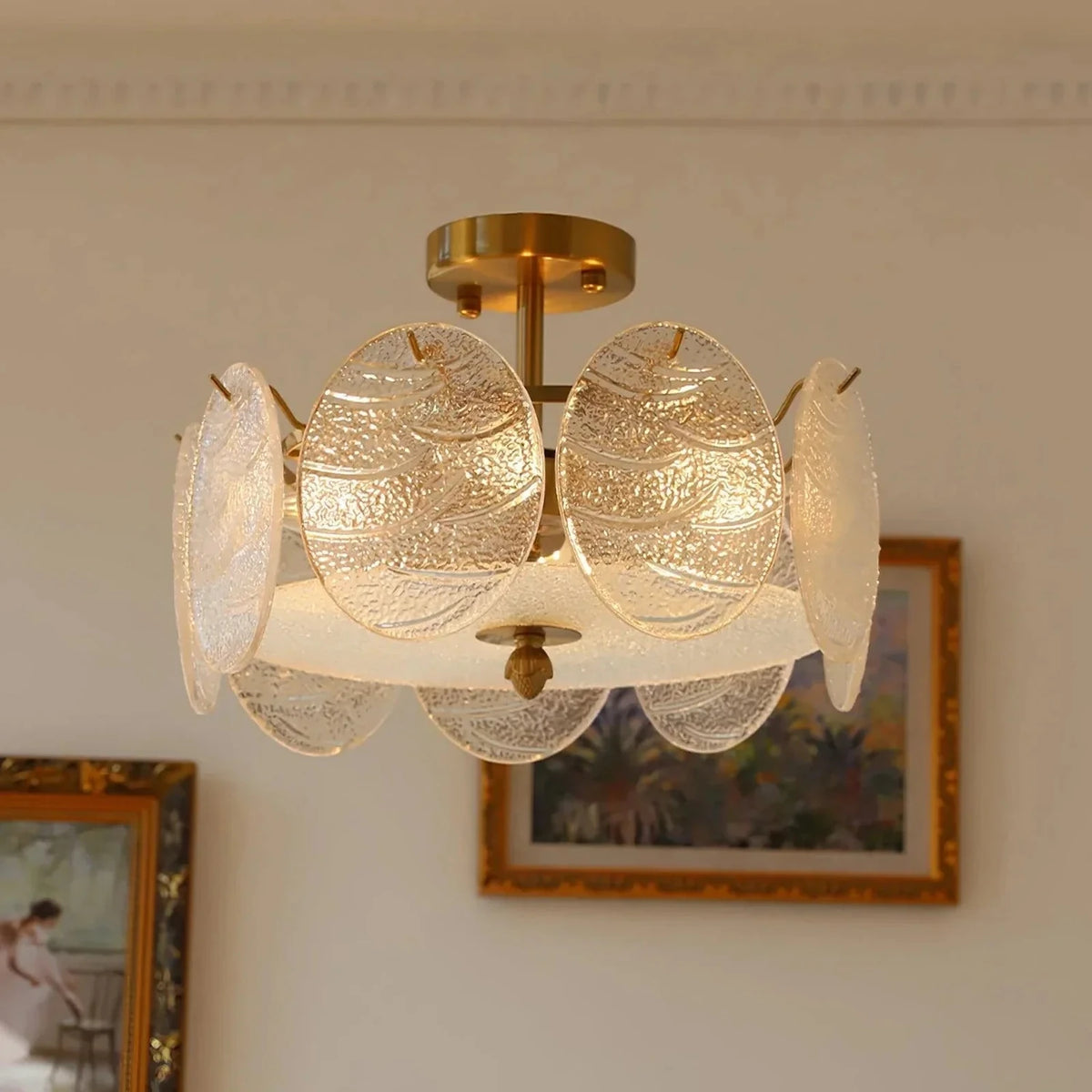 Sculptural Disc Drum Semi-Flush Mount in textured glass for Low Ceilings by AUVIELIGHT, ∅ 15.7″ x H 6.2″ / White+ Gold