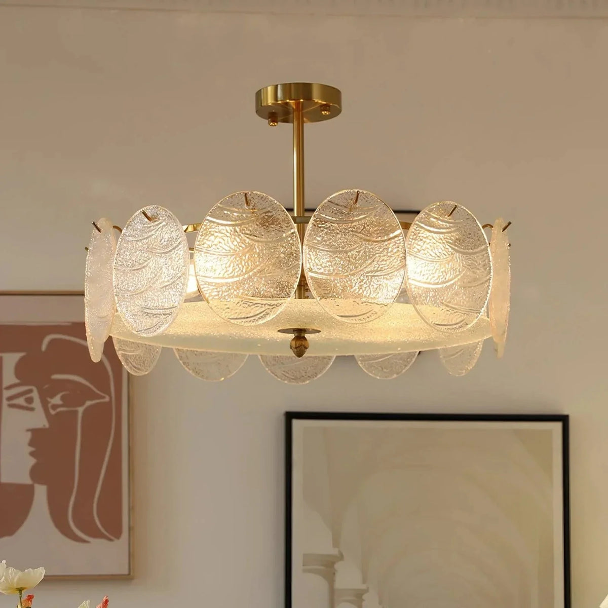 Sculptural Disc Drum Semi-Flush Mount in textured glass for Low Ceilings by AUVIELIGHT, ∅ 23.6″ x H 6.2″ / White+ Gold