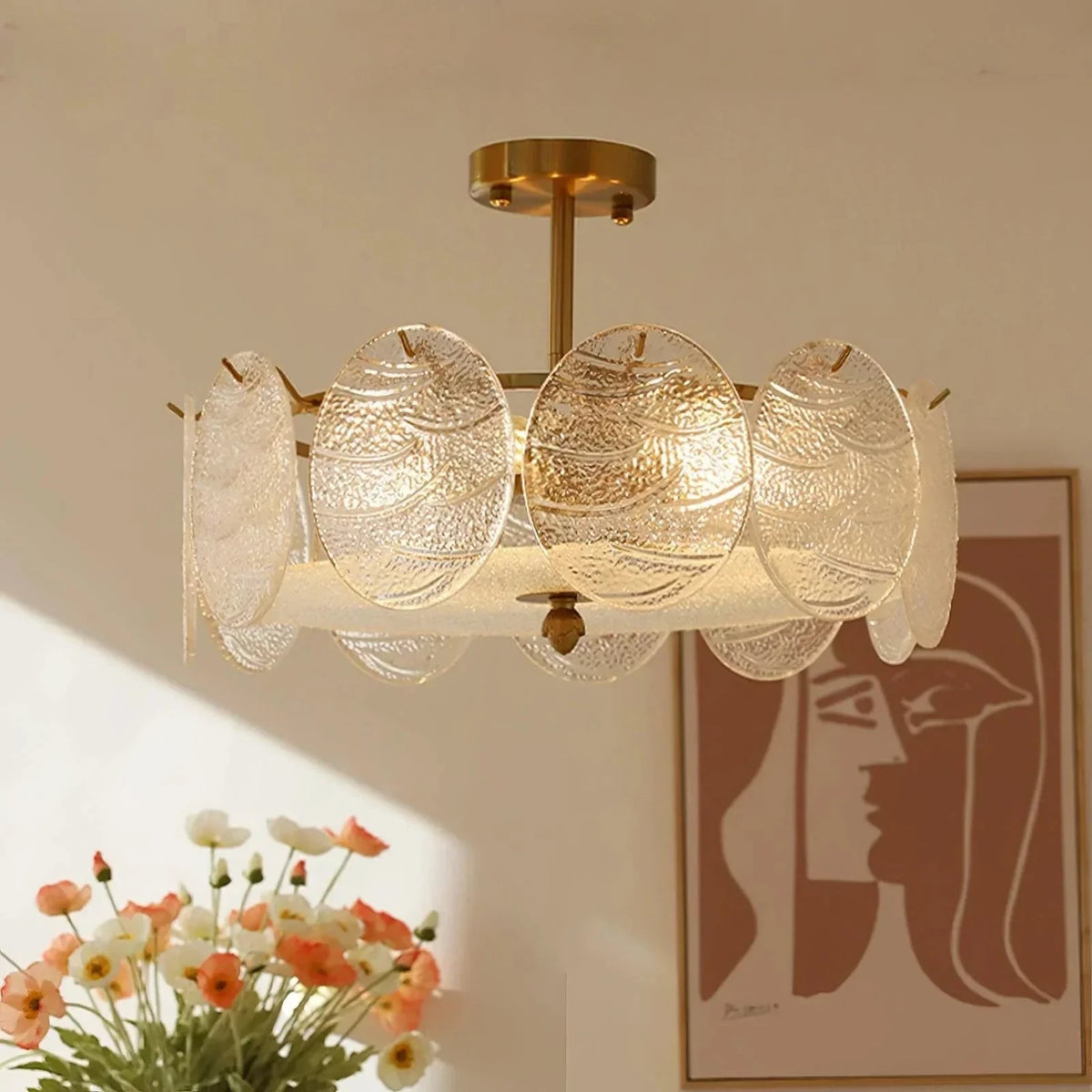 Sculptural Disc Drum Semi-Flush Mount in textured glass for Low Ceilings by AUVIELIGHT, ∅ 19.6″ x H 6.2″ / White+ Gold