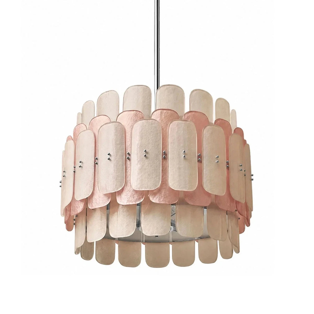 Sculptural Drum Chandelier in cream frosted glass for Dining Room by AUVIELIGHT, ∅ 31.5" x H 19.7" / Chrome & Pink & White
