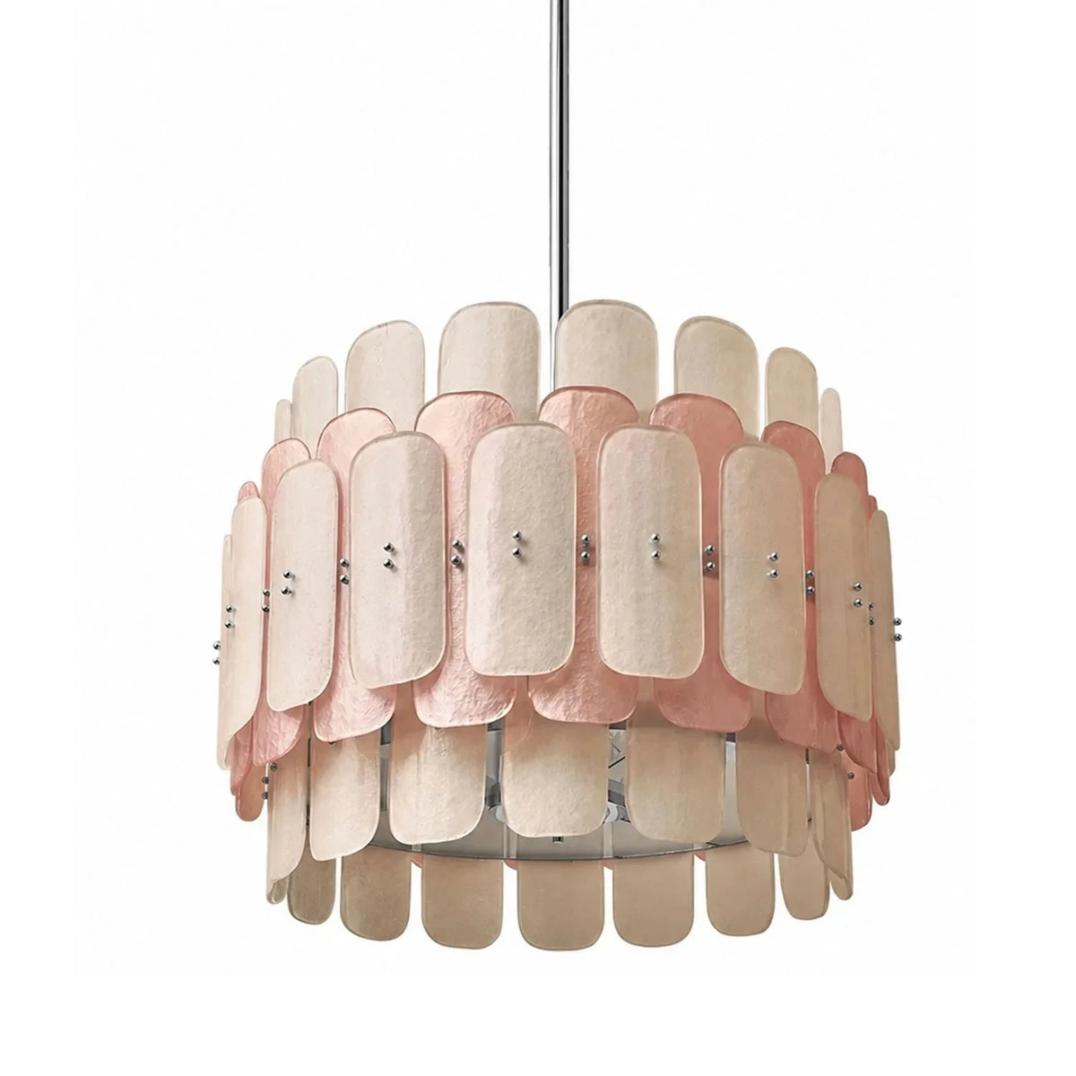 Sculptural Drum Chandelier in cream frosted glass for Dining Room by AUVIELIGHT, ∅ 23.6" x H 19.7" / Chrome & Pink & White
