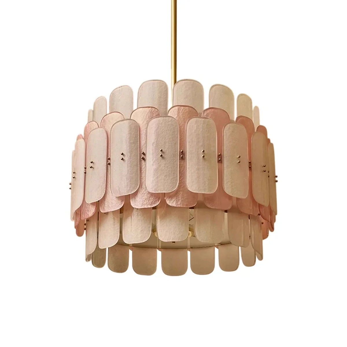 Sculptural Drum Chandelier in cream frosted glass for Dining Room by AUVIELIGHT, ∅ 23.6" x H 19.7" / Copper & Pink & White