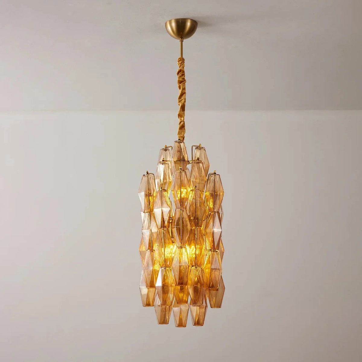Sculptural Faceted Chandelier in clear glass for Dining Room by AUVIELIGHT, ∅ 12.6″ x H 23.6″ / Gold & Amber