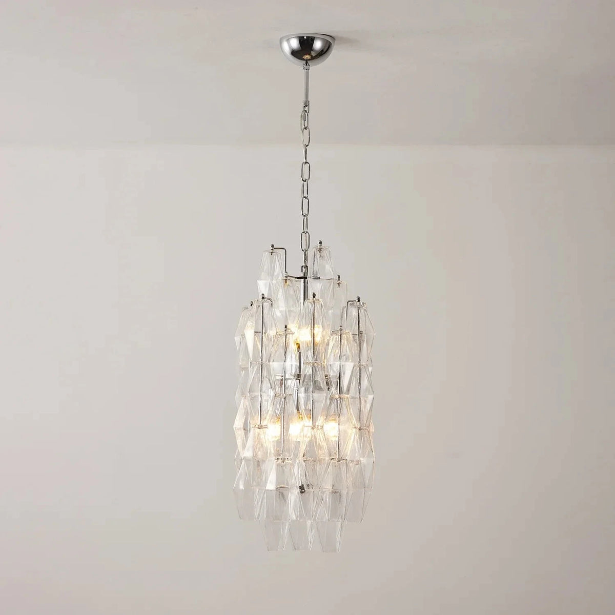 Sculptural Faceted Chandelier in clear glass for Dining Room by AUVIELIGHT, ∅ 12.6″ x H 23.6″ / Nickel & Clear