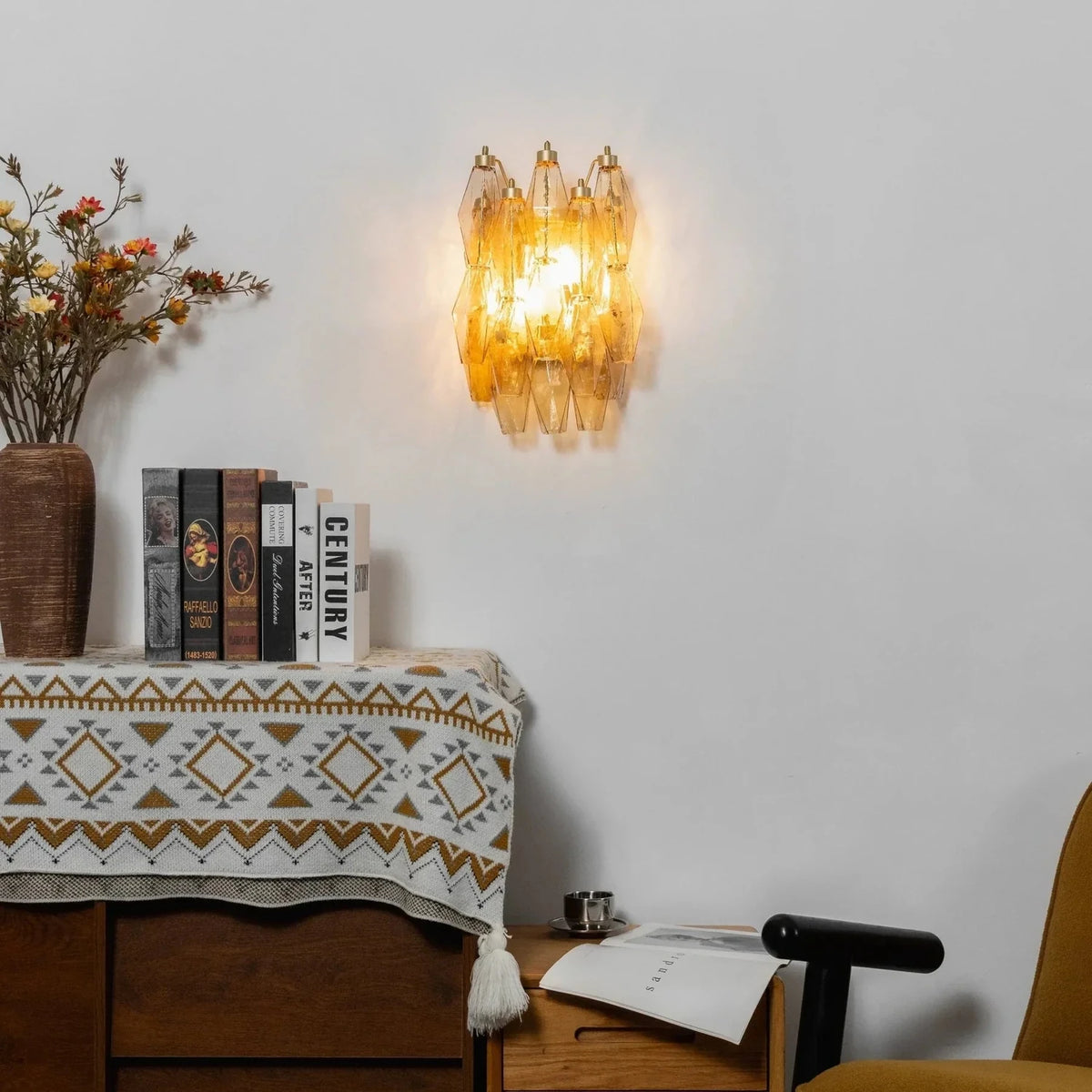 Sculptural Faceted Wall Sconce in amber glass for Hallway by AUVIELIGHT