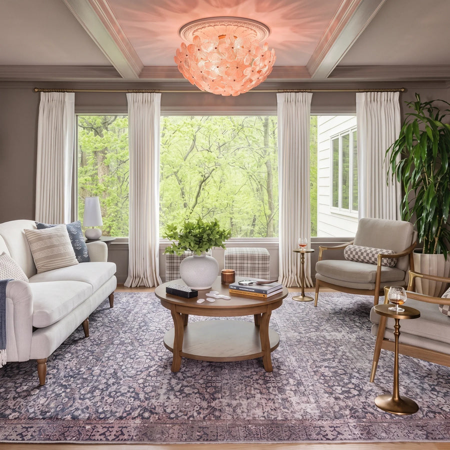 Sculptural Flower Flush Mount in blush pink glass for Low Ceilings by AUVIELIGHT