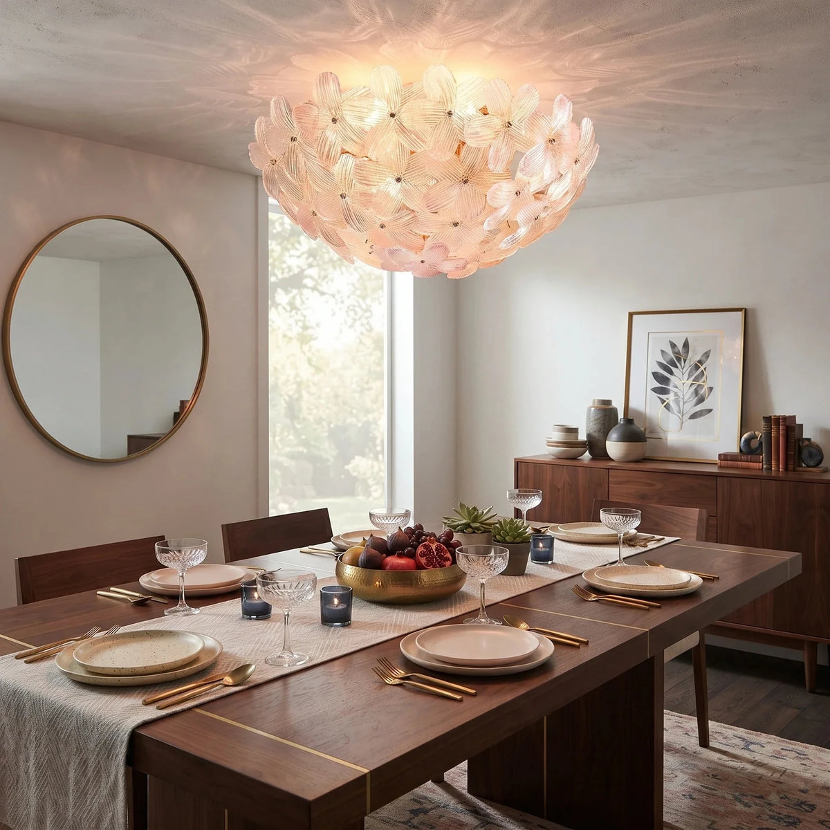 Sculptural Flower Flush Mount in blush pink glass for Low Ceilings by AUVIELIGHT