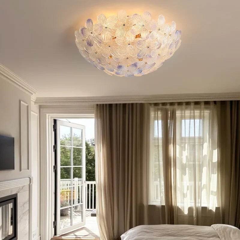 Sculptural Flower Flush Mount in blush pink glass for Low Ceilings by AUVIELIGHT