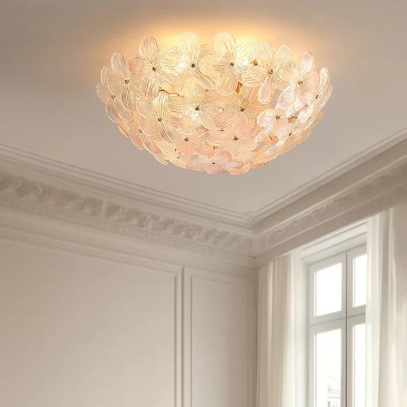 Sculptural Flower Flush Mount in blush pink glass for Low Ceilings by AUVIELIGHT