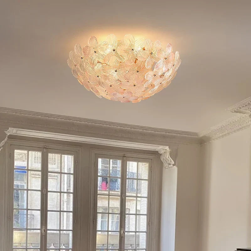 Sculptural Flower Flush Mount in blush pink glass for Low Ceilings by AUVIELIGHT