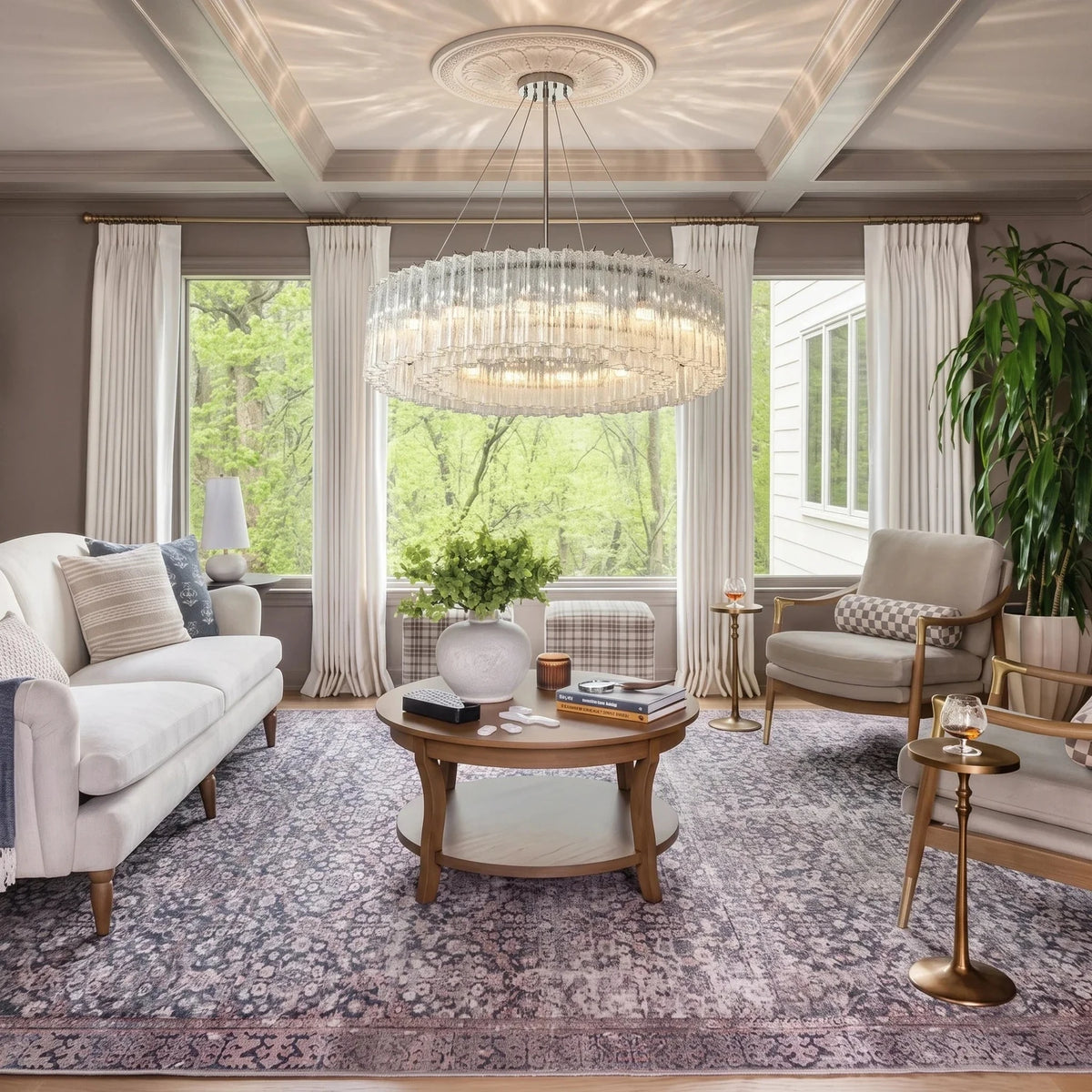 Sculptural Fluted Drum Chandelier in ice glass for Dining Room by AUVIELIGHT