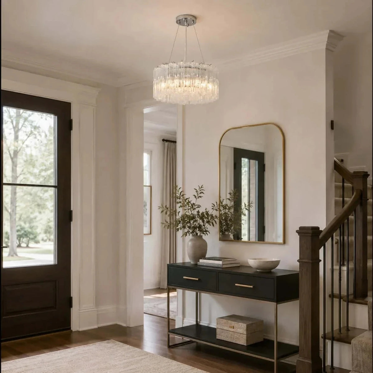 Sculptural Fluted Drum Chandelier in ice glass for Dining Room by AUVIELIGHT