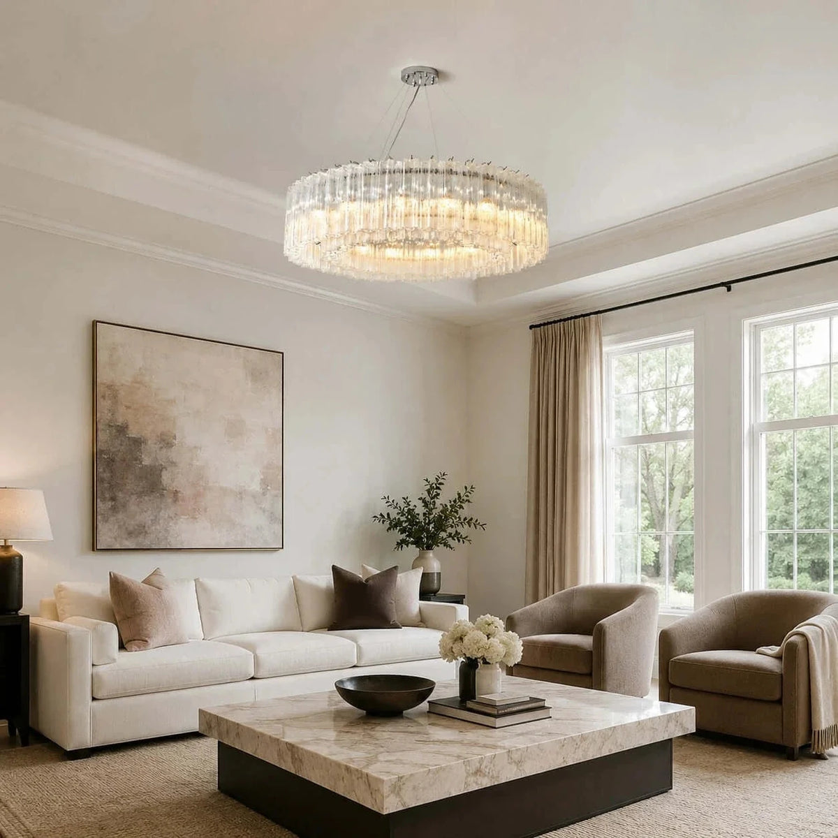 Sculptural Fluted Drum Chandelier in ice glass for Dining Room by AUVIELIGHT