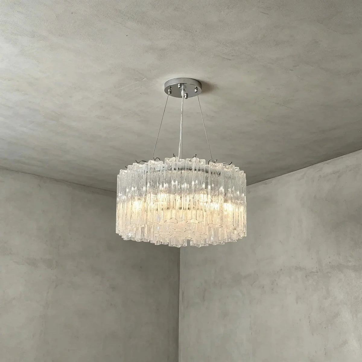 Sculptural Fluted Drum Chandelier in ice glass for Dining Room by AUVIELIGHT, Dia 19.7" x H 9.8" / Clear & Chrome
