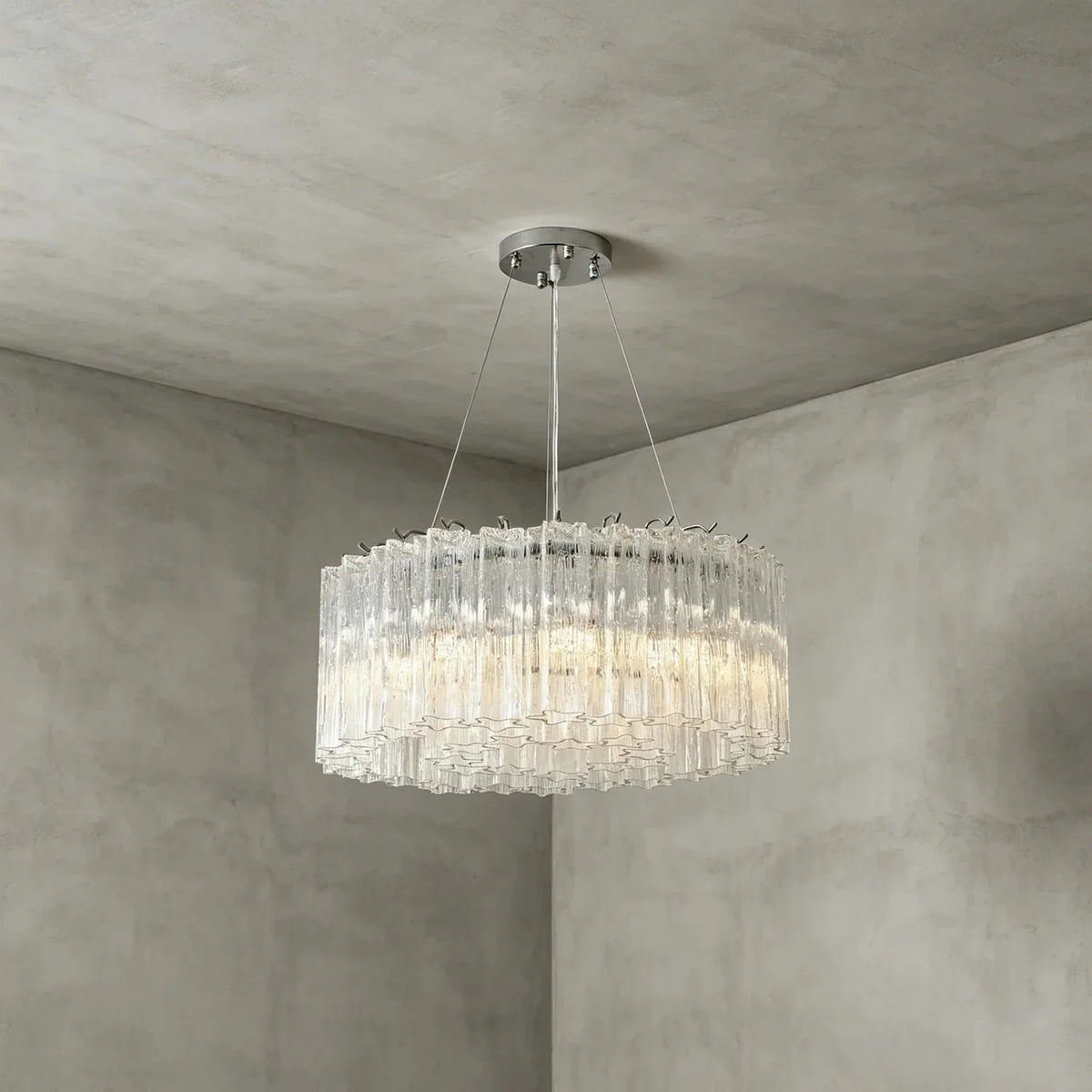Sculptural Fluted Drum Chandelier in ice glass for Dining Room by AUVIELIGHT, Dia 23.6" x H 9.8" / Clear & Chrome