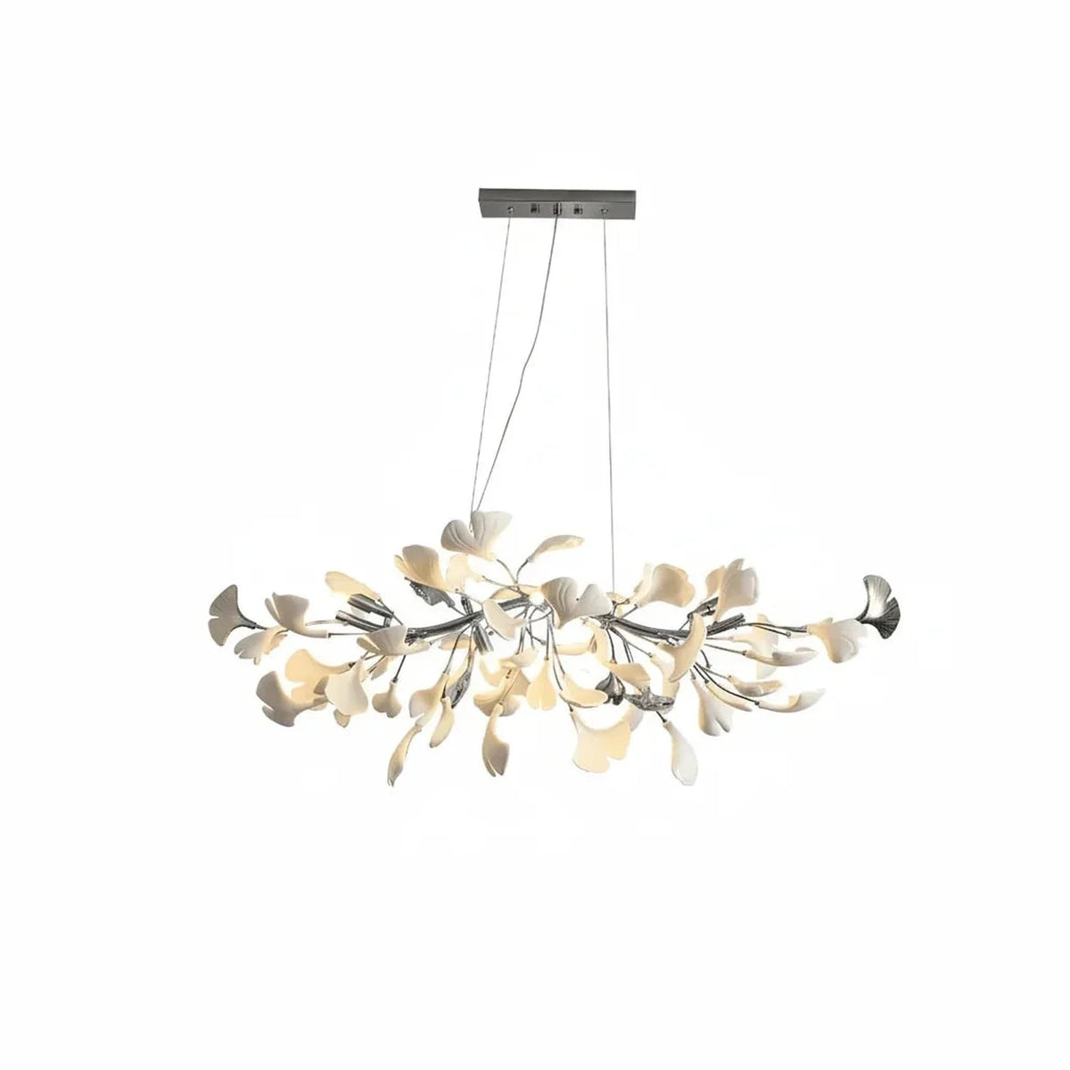 Sculptural Ginkgo Branch Chandelier in white gold for Dining Room by AUVIELIGHT, L 31.5"  x H 13.8" / L 80cm x H 35cm / Nickel Lamp Body + White