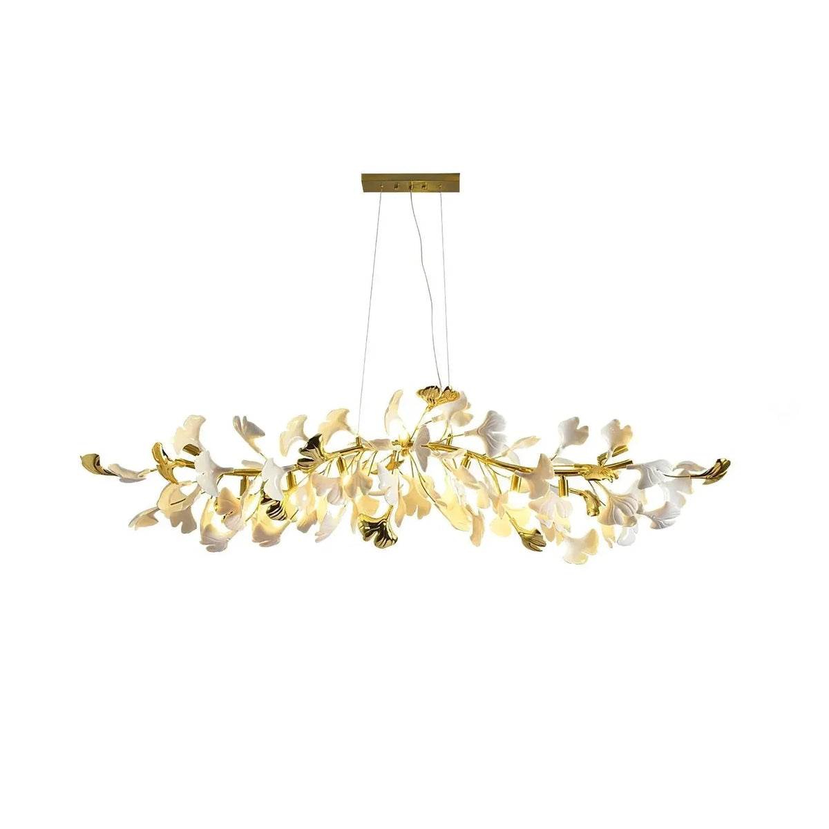 Sculptural Ginkgo Branch Chandelier in white gold for Dining Room by AUVIELIGHT, L 47.2" x H 15.7" / L 120cm x H 40cm / Golden Lamp Body + White