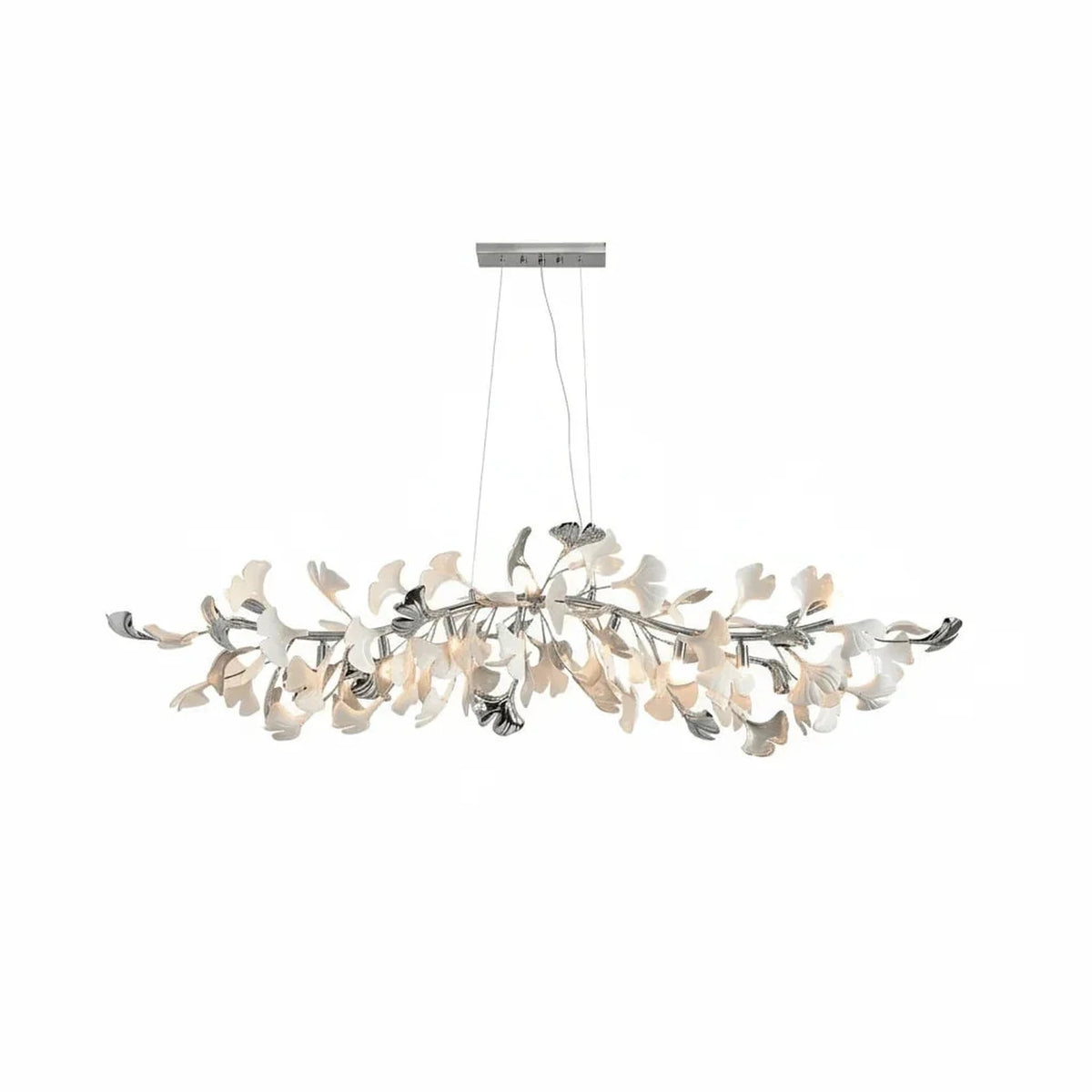 Sculptural Ginkgo Branch Chandelier in white gold for Dining Room by AUVIELIGHT, L 47.2" x H 15.7" / L 120cm x H 40cm / Nickel Lamp Body + White