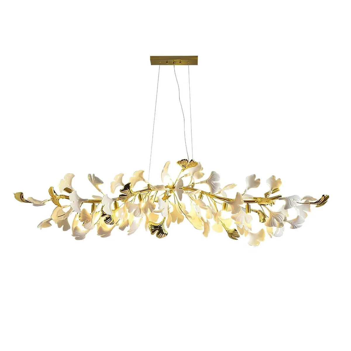 Sculptural Ginkgo Branch Chandelier in white gold for Dining Room by AUVIELIGHT, L 59.1"  x H 17.7" / L 150cm x H 45cm / Golden Lamp Body +