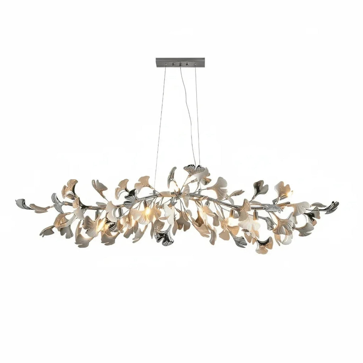Sculptural Ginkgo Branch Chandelier in white gold for Dining Room by AUVIELIGHT, L 59.1"  x H 17.7" / L 150cm x H 45cm / Nickel Lamp Body +