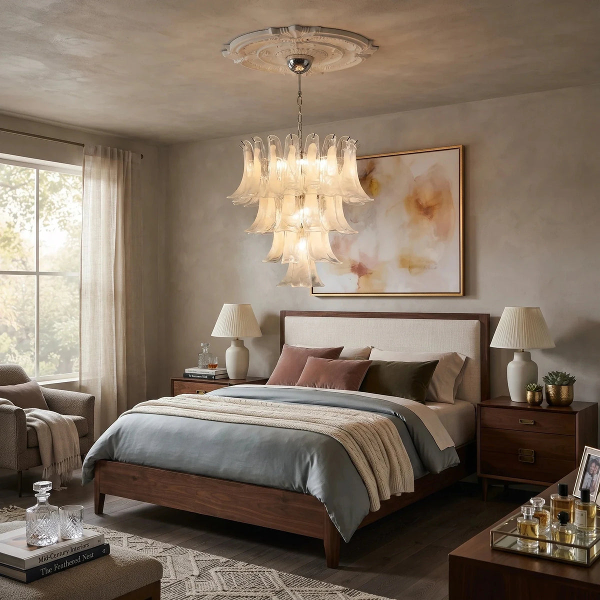 Sculptural Lily Blossom Chandelier in opal glass for Dining Room by AUVIELIGHT