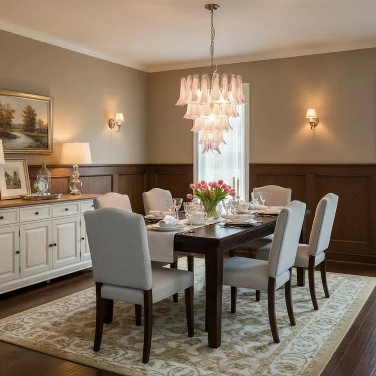 Sculptural Lily Blossom Chandelier in opal glass for Dining Room by AUVIELIGHT