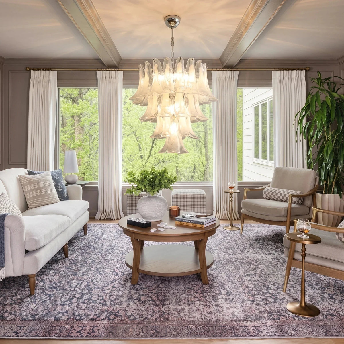Sculptural Lily Blossom Chandelier in opal glass for Dining Room by AUVIELIGHT