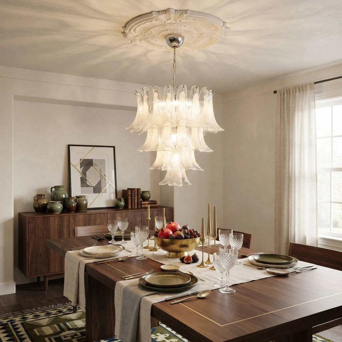 Sculptural Lily Blossom Chandelier in opal glass for Dining Room by AUVIELIGHT