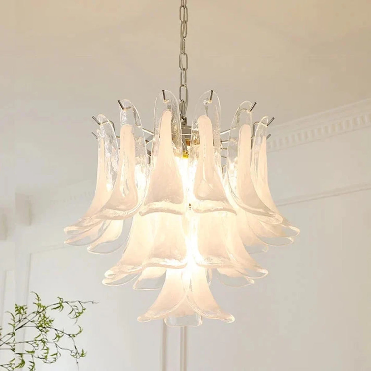 Sculptural Lily Blossom Chandelier in opal glass for Dining Room by AUVIELIGHT, ∅ 19.7″ x H 18.9″ / Polished Nickel / White Cloud