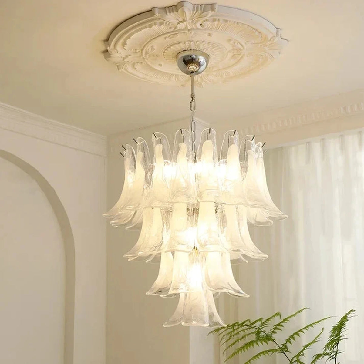 Sculptural Lily Blossom Chandelier in opal glass for Dining Room by AUVIELIGHT, ∅ 23.6″ x H 18.9″ / Polished Nickel / White Cloud