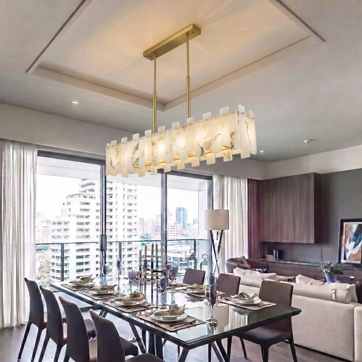 Sculptural Linear Pendant Light in alabaster for Kitchen Island by AUVIELIGHT